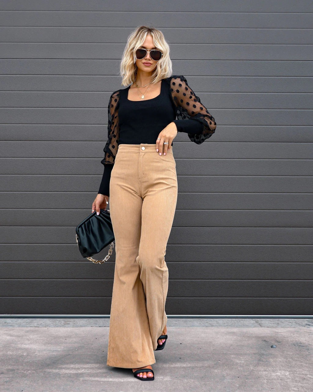 Mid-rise, tapered and flared corduroy pants