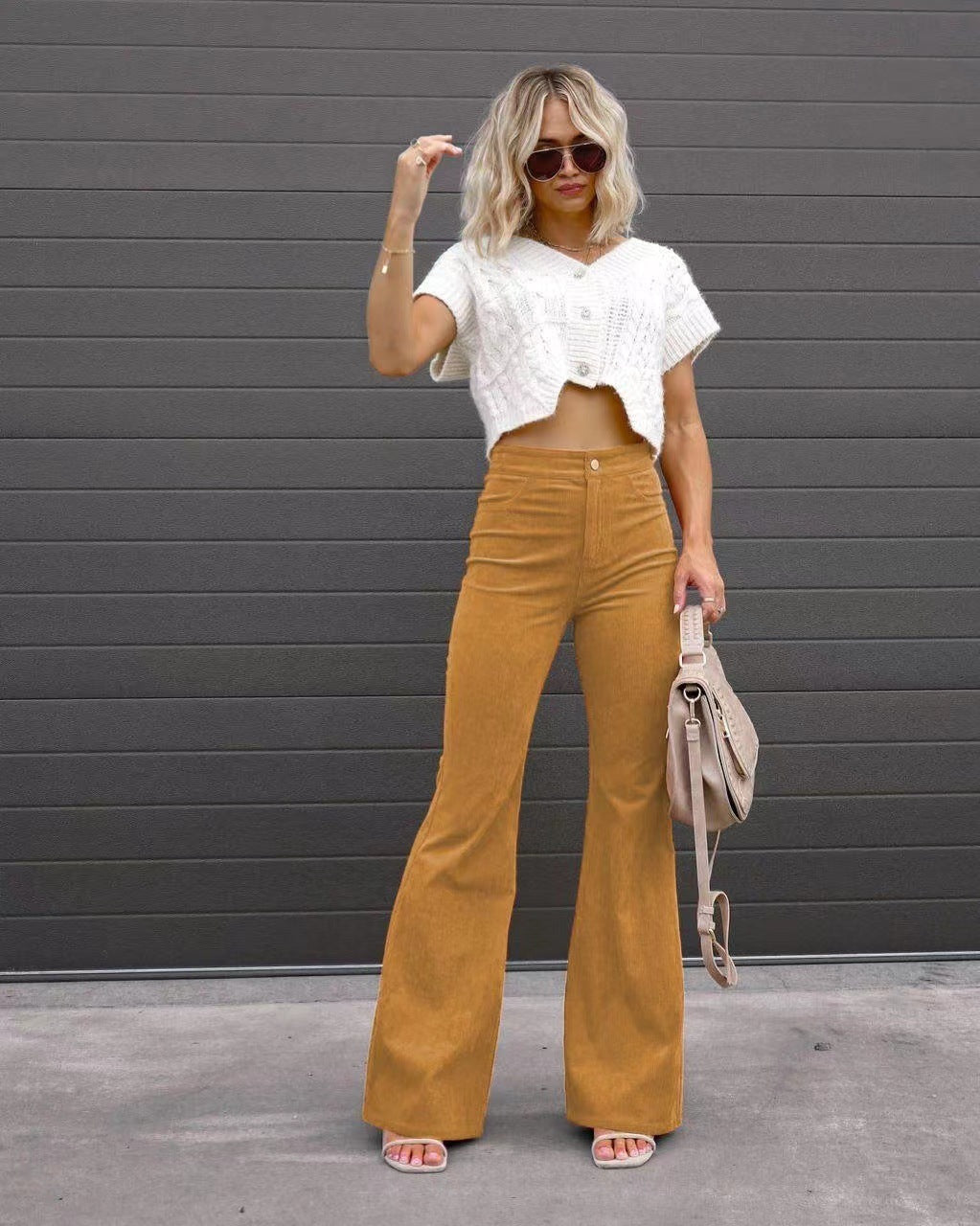 Mid-rise, tapered and flared corduroy pants