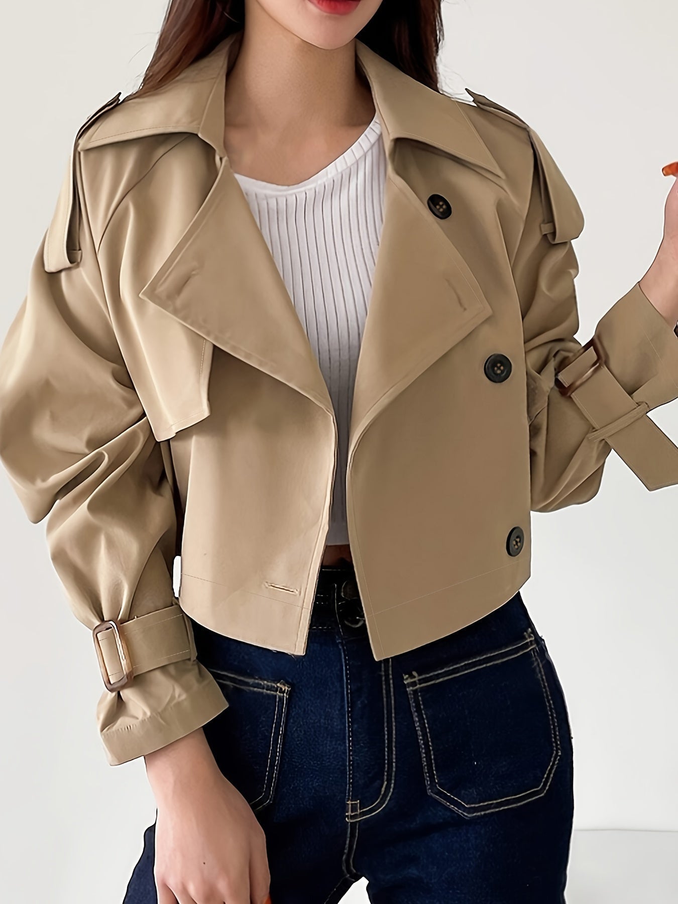 Evelyn - Stylischer khakifarbener Trenchcoat mit Reverskragen und schickem Federverschluss für Frauen