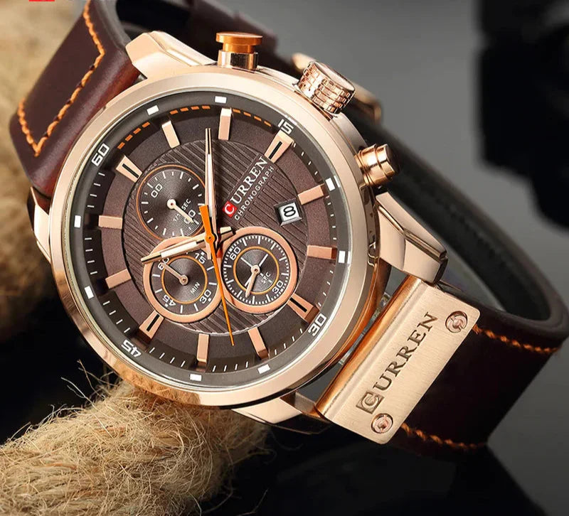8291 Herren Leder Sportuhr - Chronograph Militärstil Quarz Armbanduhr