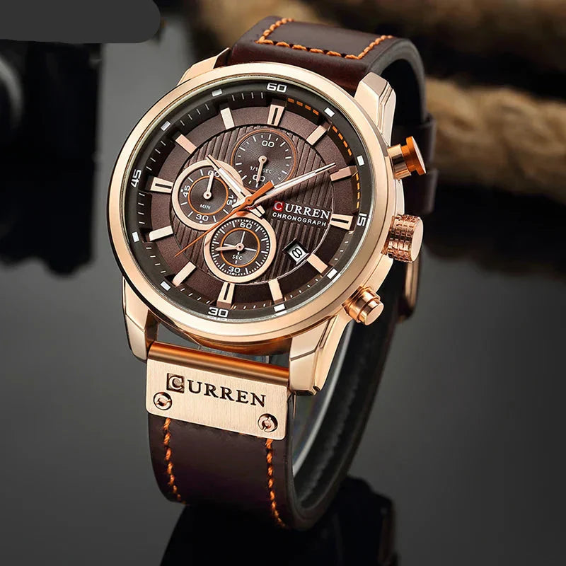 8291 Herren Leder Sportuhr - Chronograph Militärstil Quarz Armbanduhr