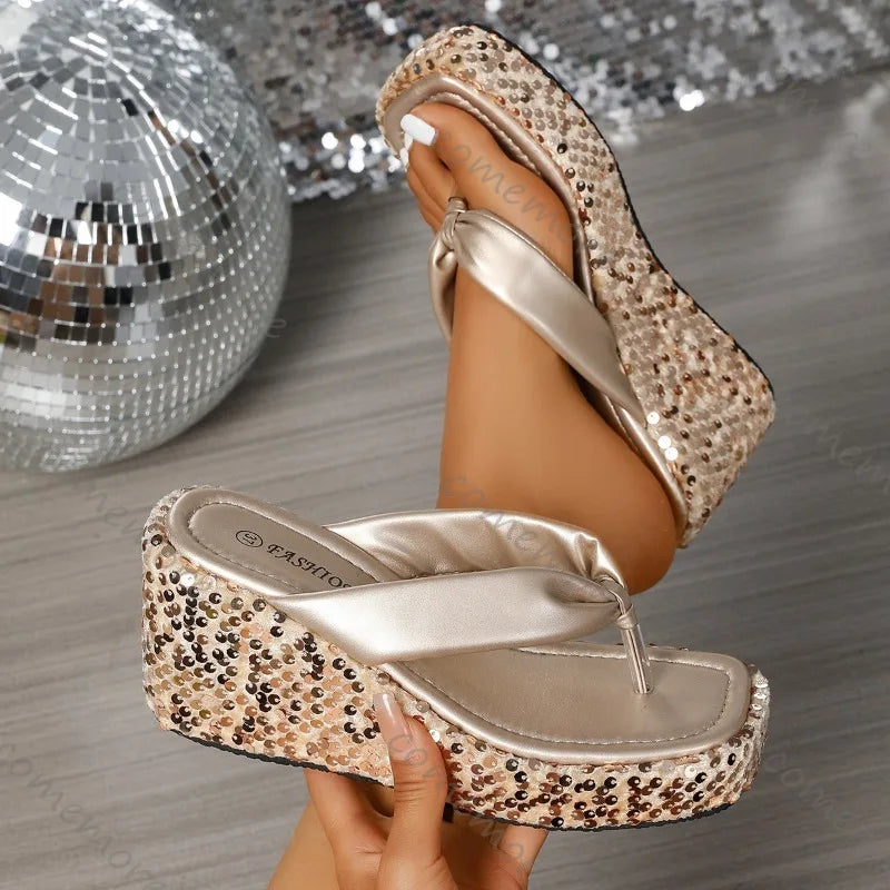 Damen-Flip-Flops mit dicker Sohle und Pailletten