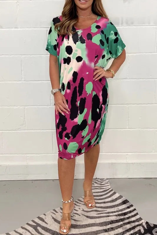 Leopardenmuster Kleid mit kurzen Ärmeln