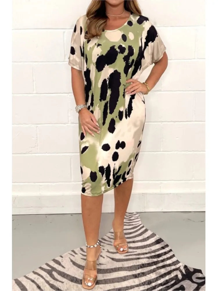 Leopardenmuster Kleid mit kurzen Ärmeln