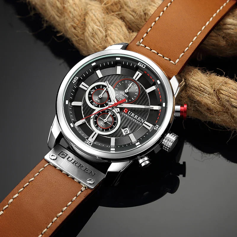 8291 Herren Leder Sportuhr - Chronograph Militärstil Quarz Armbanduhr