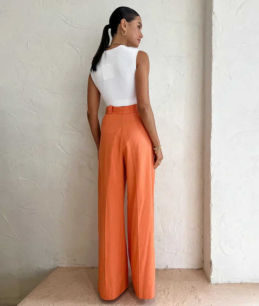 Evelien | Stylische orangefarbene Damenhose aus Leinen für den perfekten Sommerlook