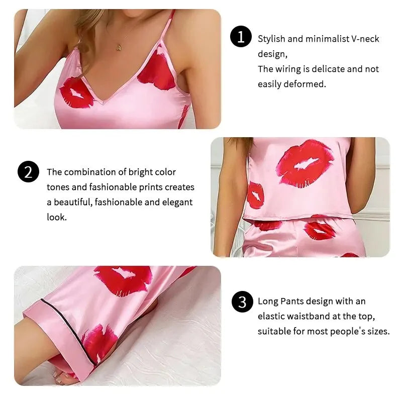 Rhea - Luxus-Pyjama-Set aus Satin mit Lippendruck für Frauen
