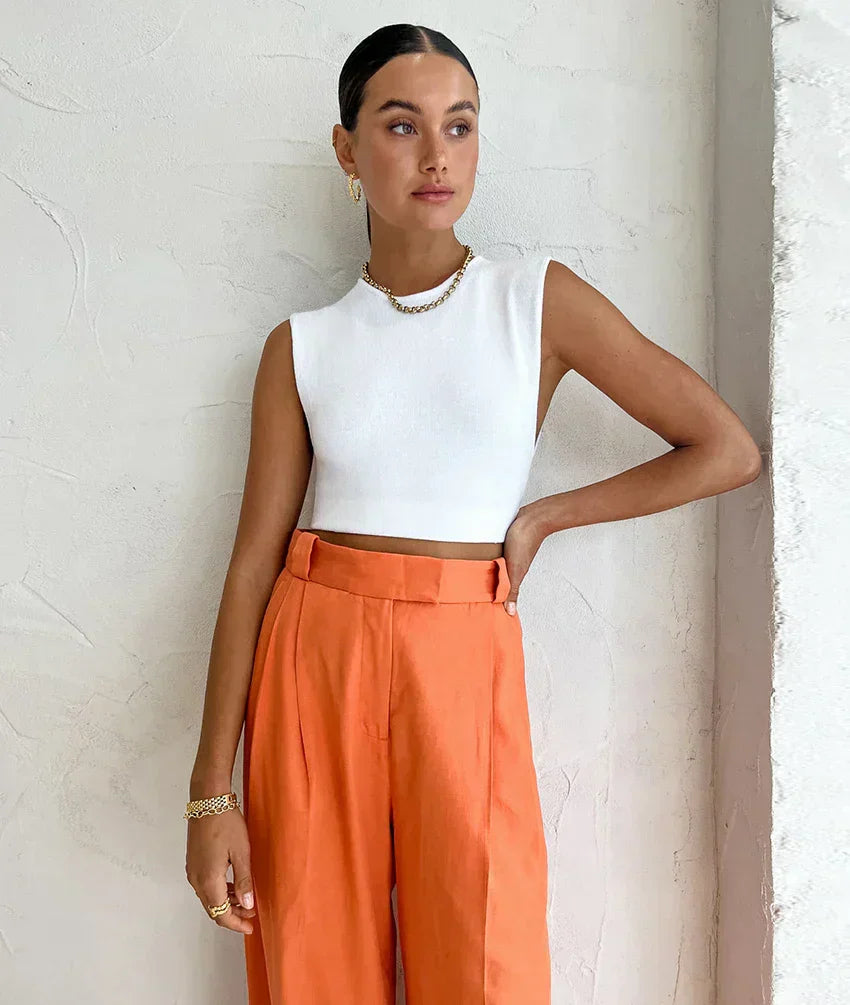 Evelien | Stylische orangefarbene Damenhose aus Leinen für den perfekten Sommerlook