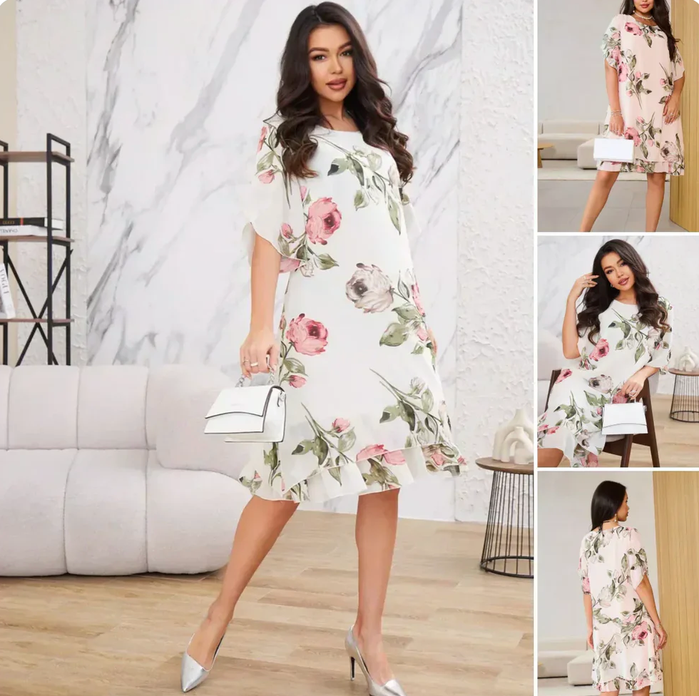 Rose Printed Short Sleeve Summer Dress