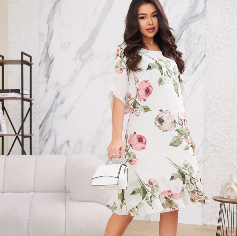 Rose Printed Short Sleeve Summer Dress