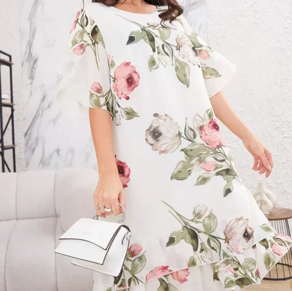 Rose Printed Short Sleeve Summer Dress