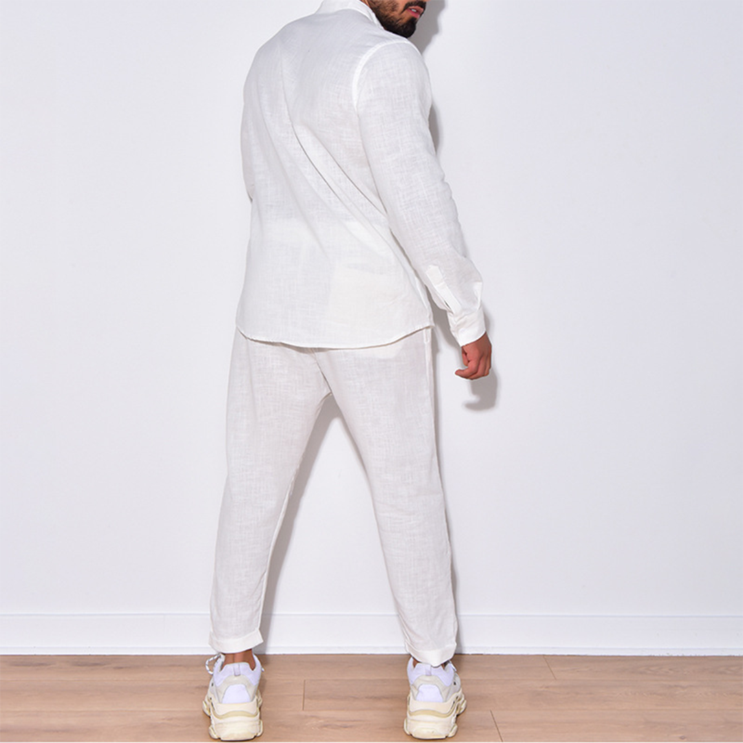 Zweiteiliges Set | Langarm | Button-Up | Leinenkleidung | Herren Co-Ord Set