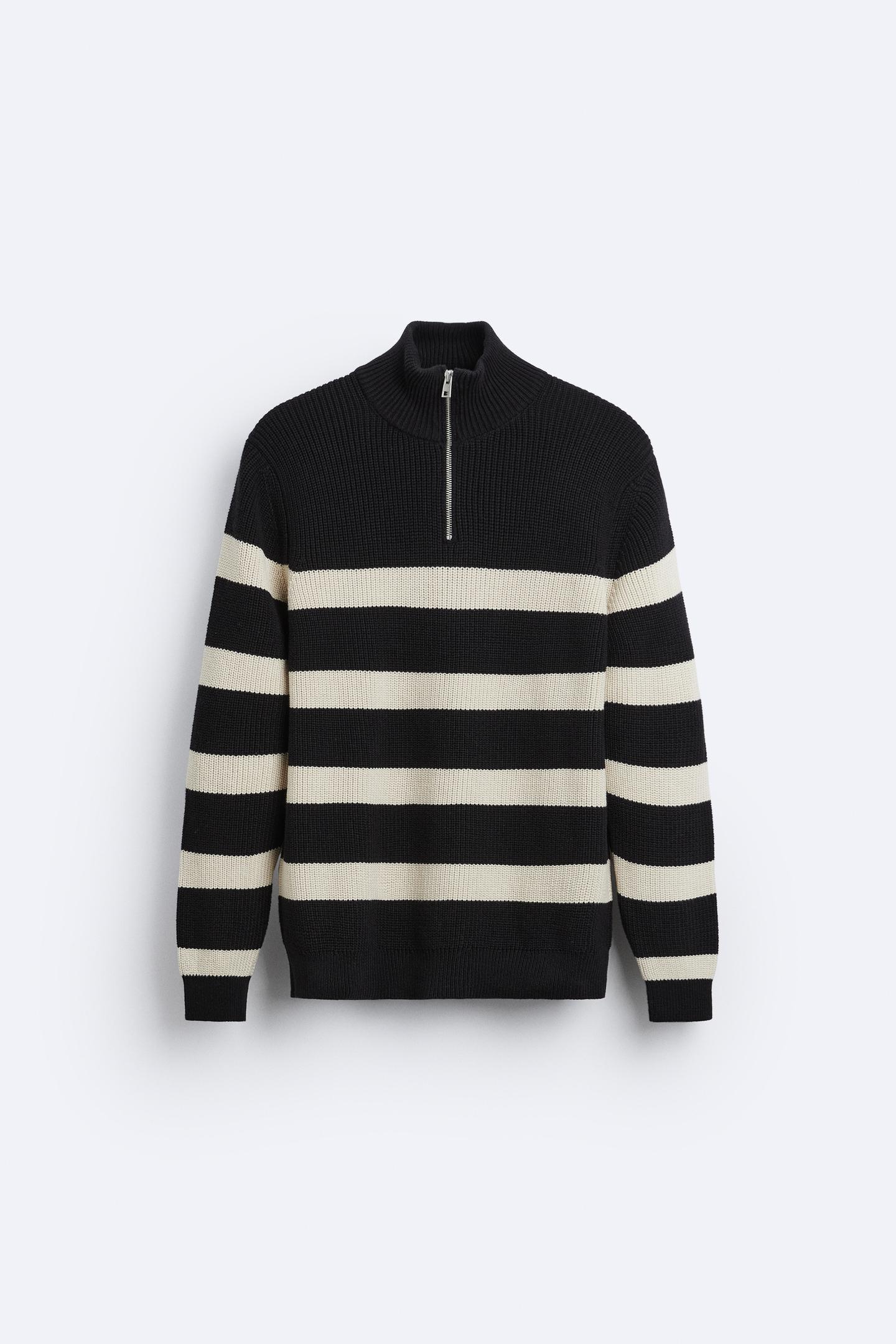 Gestreifter Strickpullover mit Reißverschlusskragen