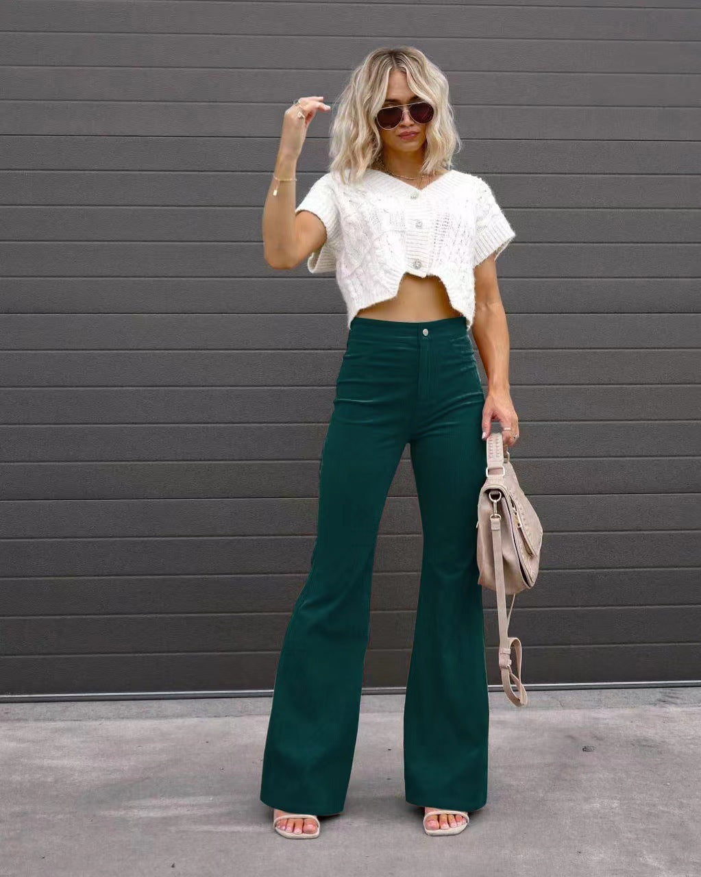 Mid-rise, tapered and flared corduroy pants