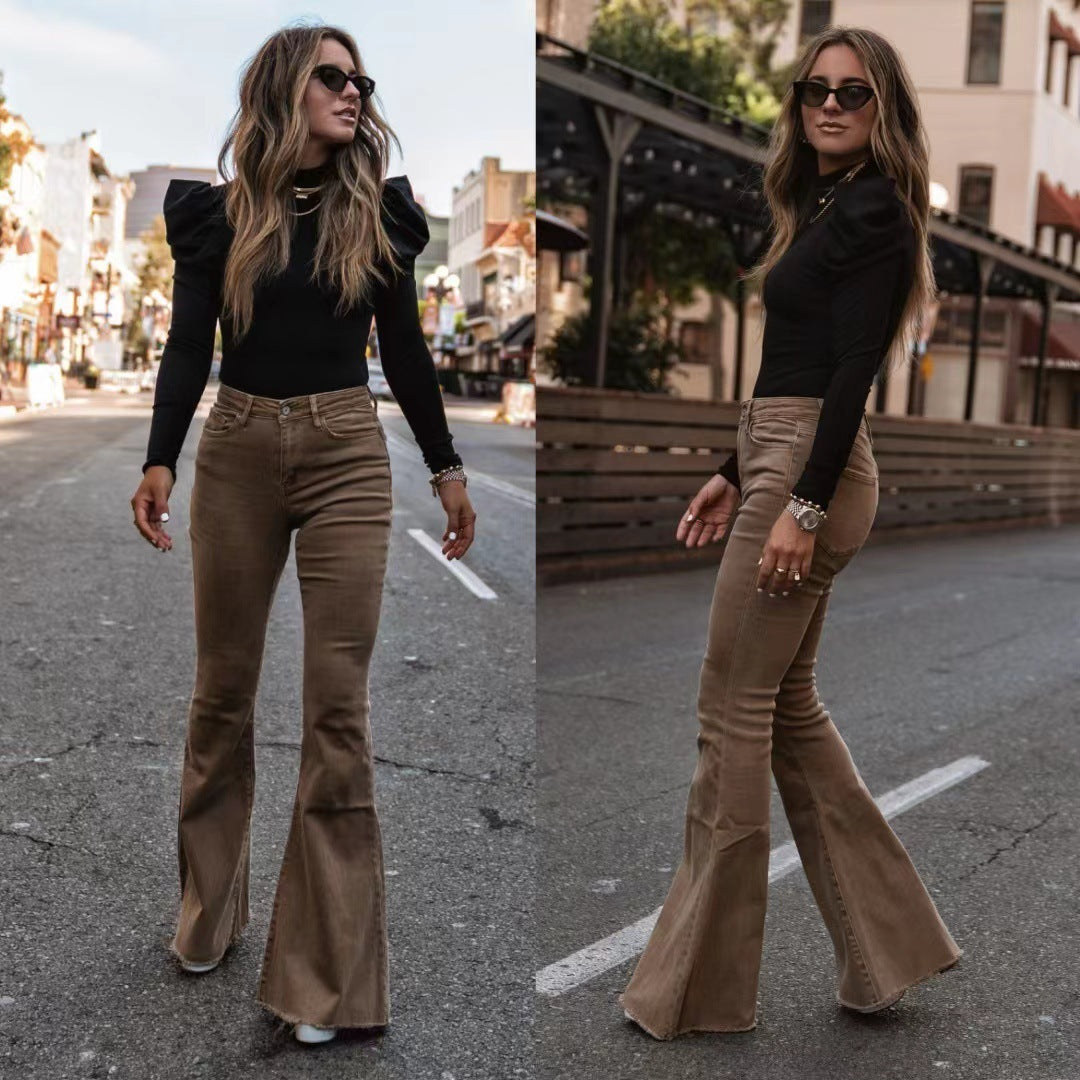 Mid-rise, tapered and flared corduroy pants