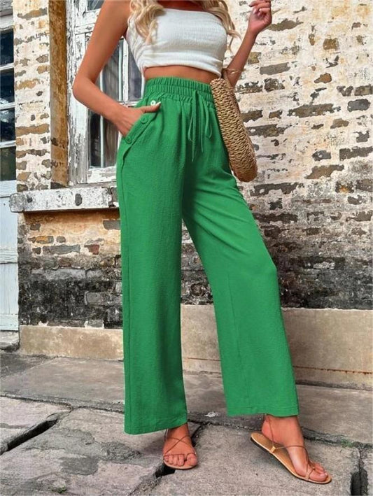 Emilia | Neue High-Waist Freizeithose mit Taschen, elastischem Bund und verstellbarem Kordelzug.