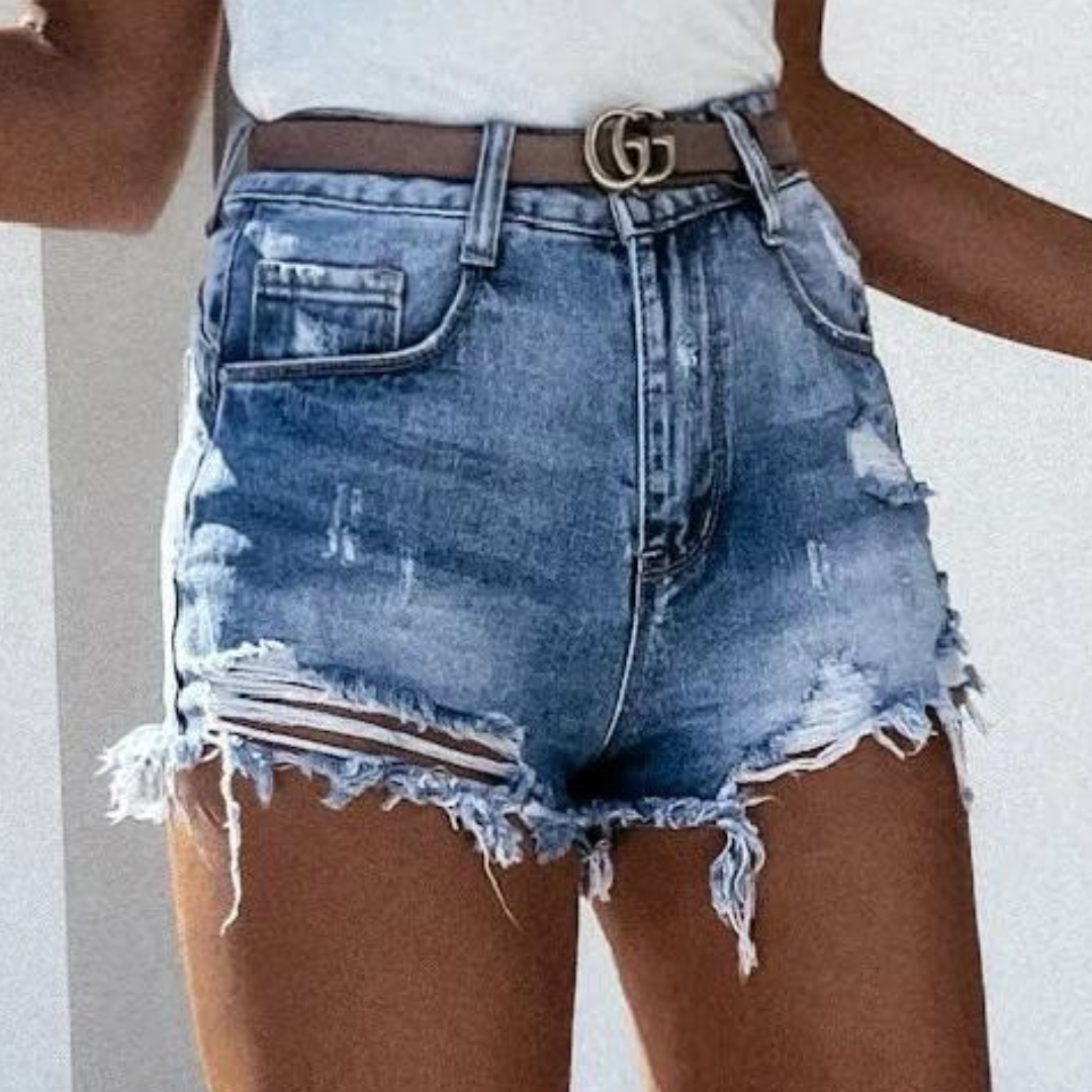 Denis - Stylische High Waist Worn Denim Short mit trendigen Fransen