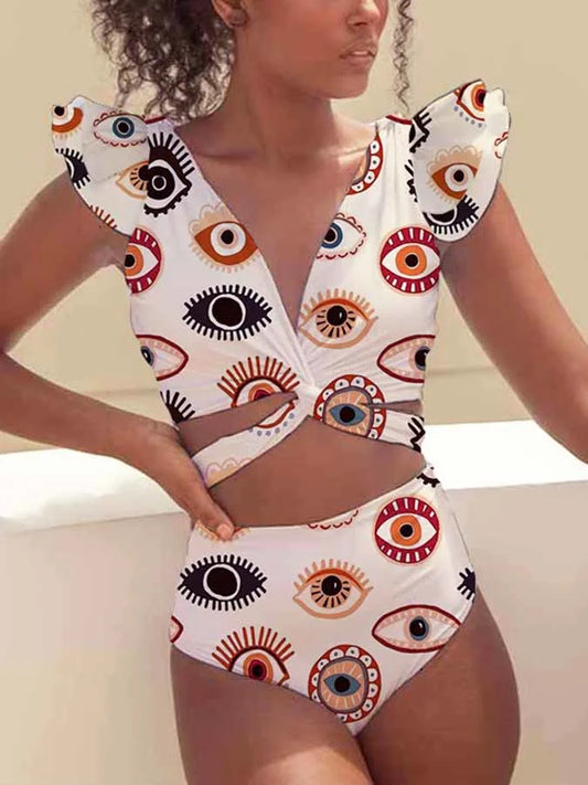 Elegantes Bikini-Set mit süßen Rüschen und einzigartigem Augen-Print