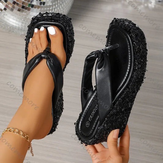 Damen-Flip-Flops mit dicker Sohle und Pailletten