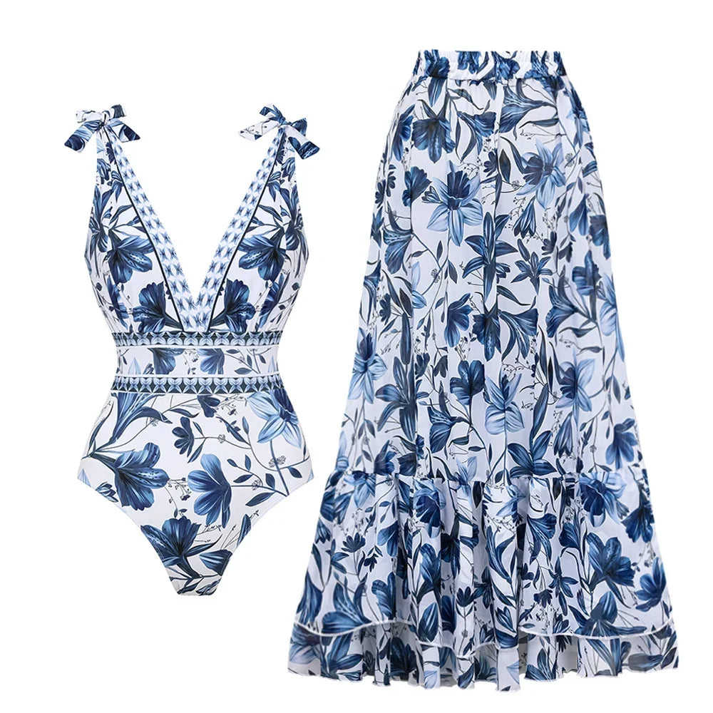 2-teiliges Badeanzug-Set mit Sarong-Rock