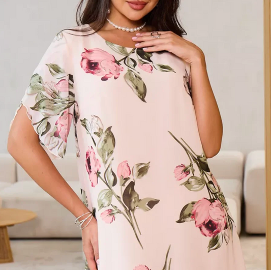 Rose Printed Short Sleeve Summer Dress