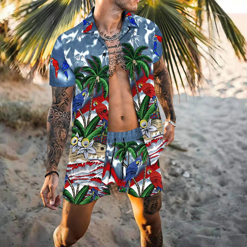 Zweiteiliges Set - Herren Kurzarm-Hawaiihemd Sommer Shorts Set