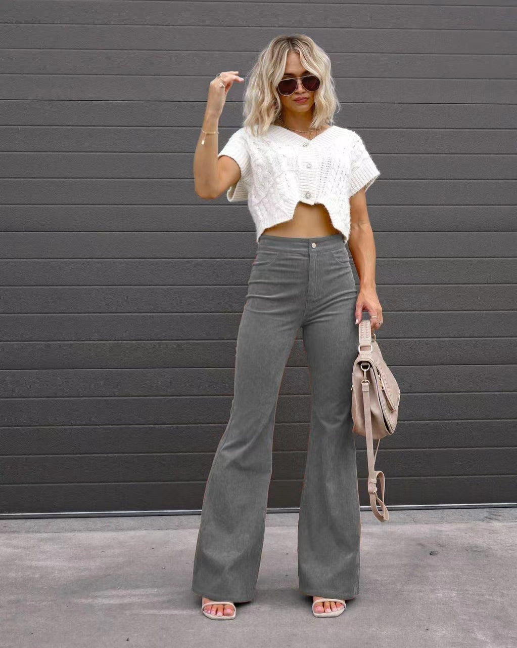 Mid-rise, tapered and flared corduroy pants