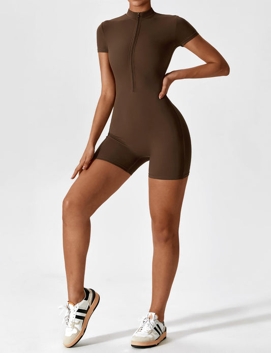 Elena | Nahtloser Kurzarm-Zip-Jumpsuit
